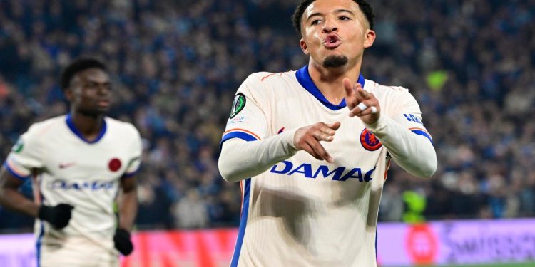 Sancho esulta in Conference League col Chelsea (Foto Ansa)