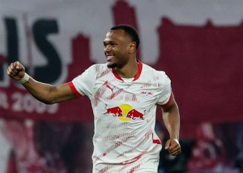 Lois Openda esulta con la maglia dell'RB Lipsia (Foto Ansa)