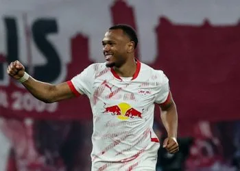 Lois Openda esulta con la maglia dell'RB Lipsia (Foto Ansa)