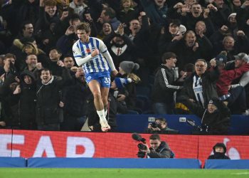 Matt O'Riley esulta dopo un gol segnato col Brighton & Hove Albion (Foto Ansa)