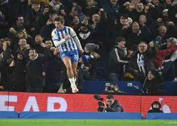 Matt O'Riley esulta dopo un gol segnato col Brighton & Hove Albion (Foto Ansa)