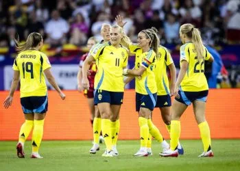 L'esultanza della Svezia donne agli Europei (Foto ANSA)