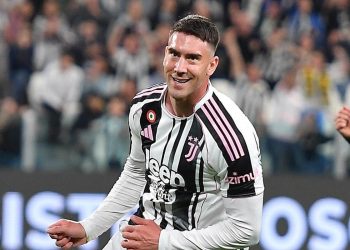 Dusan Vlahovic esulta dopo un gol segnato in Juventus-Udinese (Foto Ansa)