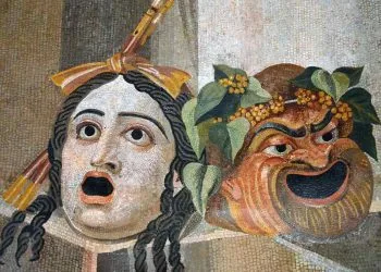 Mosaico del I secolo d.C. raffigurante le due maschere, tragica e comica, del teatro latino  (foto da Wikipedia)