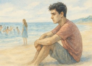 Un ragazzo pensieroso in riva al mare (Foto: CHATGPT)