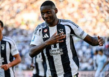Kolo Muani esulta dopo il gol segnato in Lazio-Juventus (Foto Ansa)