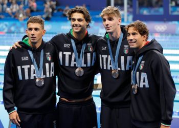La 4x100 del nuoto maschile con l'argento mondiale (Foto ANSA)