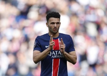 Goncalo Ramos esulta dopo un gol segnato per il PSG (Foto Ansa)