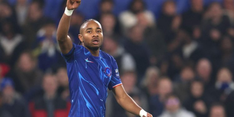 Christopher Nkunku esulta dopo un gol segnato col Chelsea in Conference League (Foto Ansa)