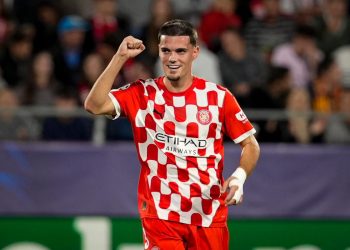 Gutierrez del Girona esulta dopo il gol segnato allo Slovan Bratislava in Champions (Foto Ansa)