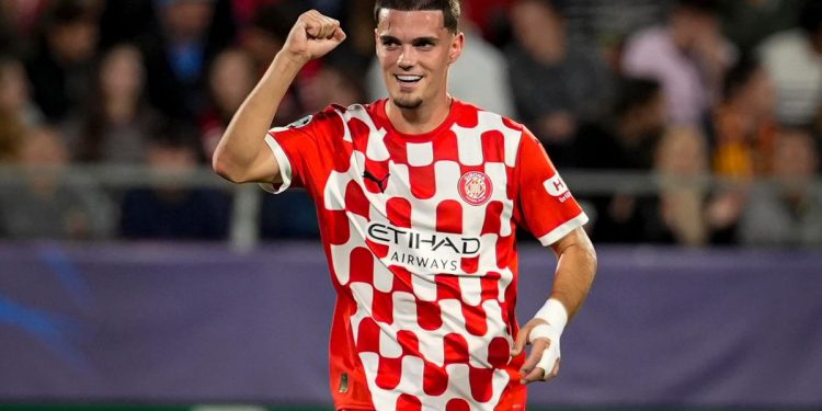 Gutierrez del Girona esulta dopo il gol segnato allo Slovan Bratislava in Champions (Foto Ansa)