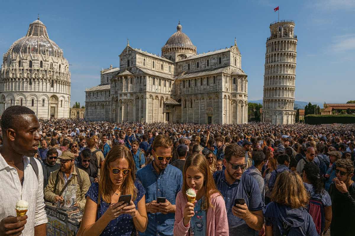 Un esempio di overtourism in Piazza dei Miracoli a Pisa (Foto: CHATGPT)