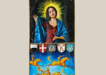 Un dettaglio del Drappellone Palio di Siena 2025 per l'Assunta (da facebook.com/sienailpalio)