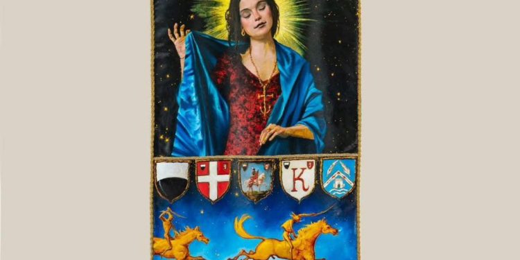 Un dettaglio del Drappellone Palio di Siena 2025 per l'Assunta (da facebook.com/sienailpalio)