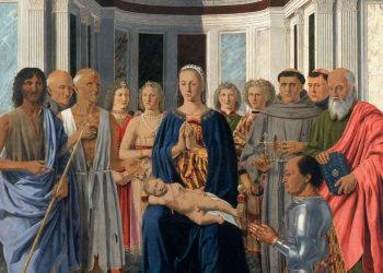 Piero della Francesca, "Sacra Conversazione con la Madonna col Bambino, sei santi, quattro angeli e il donatore Federico da Montefeltro" (1472, particolare)