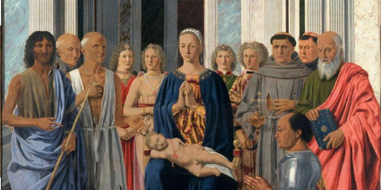 Piero della Francesca, "Sacra Conversazione con la Madonna col Bambino, sei santi, quattro angeli e il donatore Federico da Montefeltro" (1472, particolare)