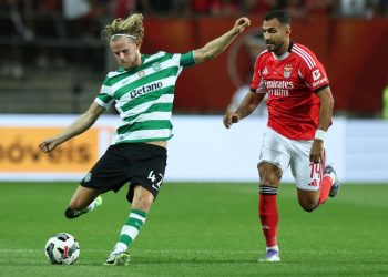 Morten Hjulmand in azione con lo Sporting Lisbona (Foto ANSA)