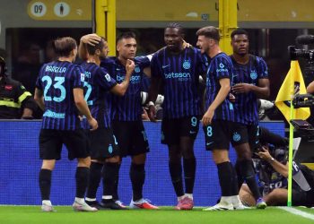 L'esultanza dei giocatori dell'Inter (Foto Ansa)