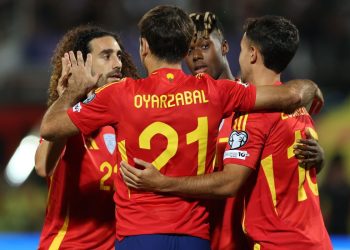 L'esultanza della Spagna nelle qualificazioni ai Mondiali 2026 (Foto Ansa)