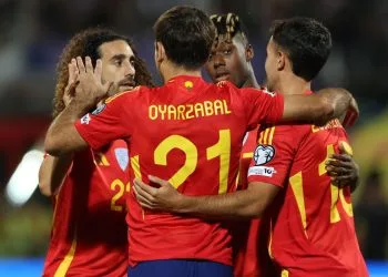 L'esultanza della Spagna nelle qualificazioni ai Mondiali 2026 (Foto Ansa)