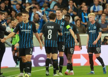 L'esultanza dei calciatori del Bruges (Foto ANSA)