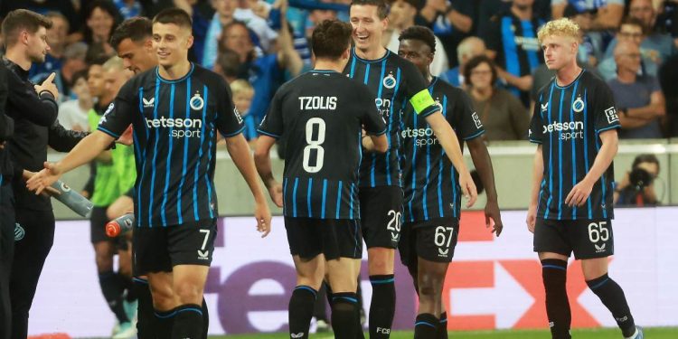 L'esultanza dei calciatori del Bruges (Foto ANSA)