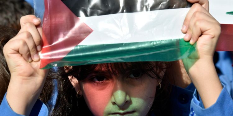 Bambino libanese manifesta solidarietà ai palestinesi. Beirut, 9 nov. 2023 (Ansa)