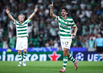 Francisco Trincao esulta con lo Sporting Lisbona (Foto ANSA)