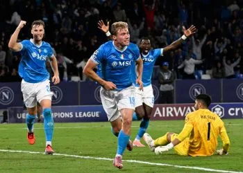 Rasmus Hojlund in gol con il Napoli (Foto ANSA)