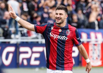 L'esultanza di Riccardo Orsolini con il Bologna (Foto ANSA)