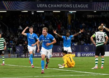 L'esultanza di Rasmus Hojlund in Napoli Sporting Lisbona (Foto ANSA)