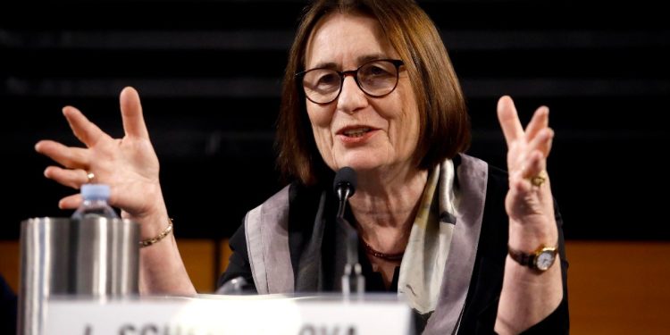 Irina Scherbakova, premio Nobel per la pace 2022, partecipa all'evento "Guerra e pace nel XXI secolo. La Russia di Putin e l'invasione dell'Ucraina. Come ricostruire la pace in Europa?" a Milano, 18 maggio 2023. ANSA/MOURAD BALTI TOUATI