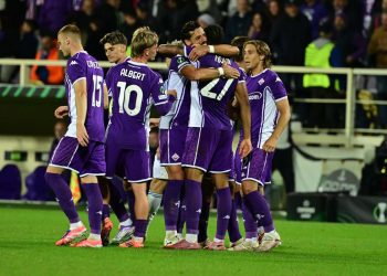 L'esultanza della Fiorentina in Conference League (Foto ANSA)