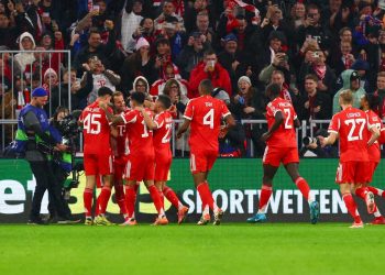 L'esultanza dei calciatori del Bayern Monaco (Foto Ansa)