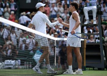 Jannik Sinner e Ben Shelton nel loro ultimo incrocio a Wimbledon (Foto ANSA)