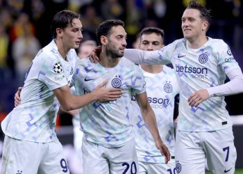L'esultanza dell'Inter in Champions League (Foto Ansa)