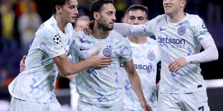 L'esultanza dell'Inter in Champions League (Foto Ansa)