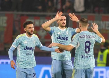 La Juventus festeggia la vittoria di Cremona (Foto ANSA)