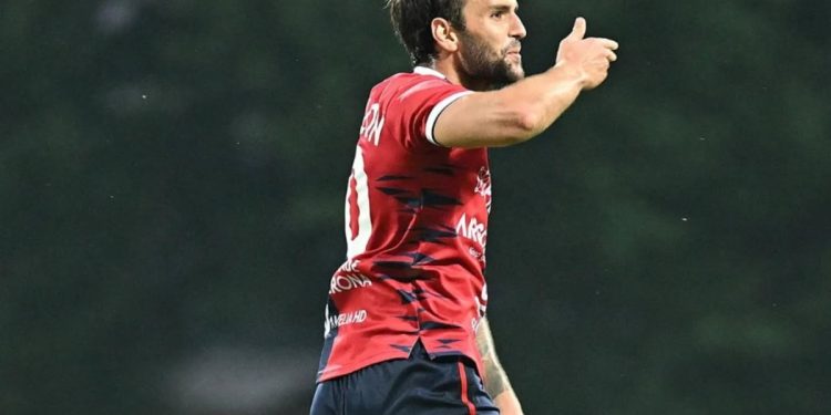 L'esultanza di Leonardo Zarpellon con la Virtus Verona (Facebook Lega Pro)