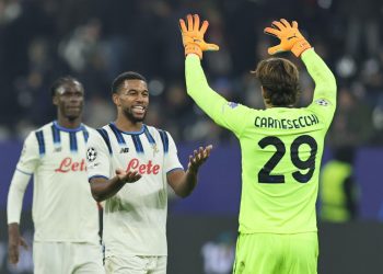 Hien e Carnesecchi esultano con l'Atalanta in Champions League (Foto Ansa)
