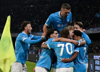 L'esultanza dei giocatori del Napoli (Foto Ansa)