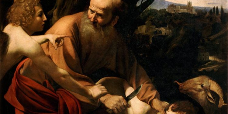 Caravaggio, "Sacrificio di isacco" (1603, particolare, Firenze, Uffizi)